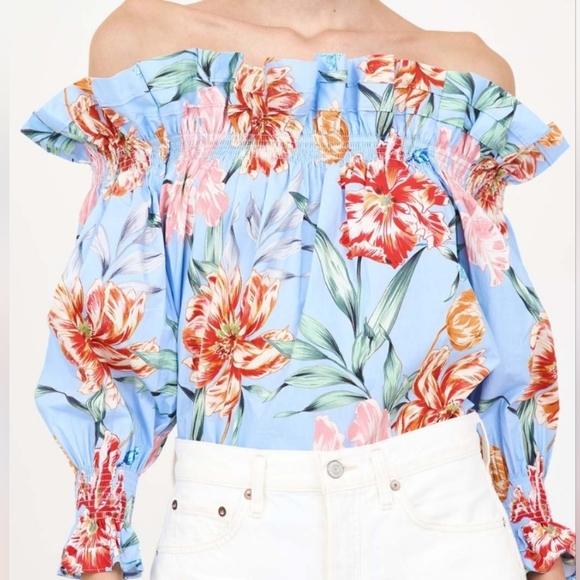 Christy Lynn Tops - Christy Lynn Women Cotton Floral Printed Off The Shoulder Blouse Blue Size Small